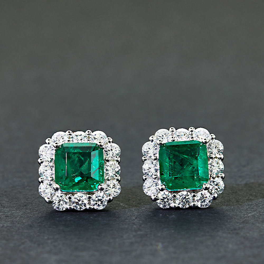 4.0 Carat Halo Princess Cut Emerald Green Women's Stud Earrings In Sterling Silver-Sterling Silver-lornajewelry