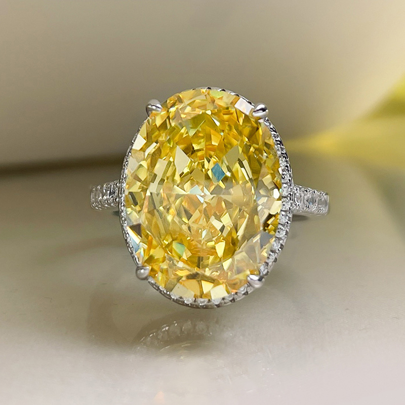 14Ct Yellow Oval Cut Pave Halo Setting Ring-Sterling Silver-lornajewelry