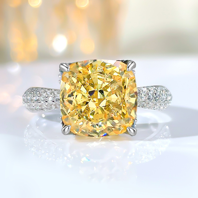 3.5Ct Yellow Cushion Cut Pave Setting Ring-Sterling Silver-lornajewelry