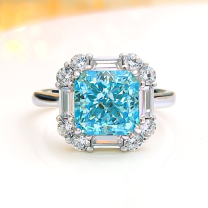 3Ct Aquamarine Blue Radiant Cut Cluster Halo Ring-Sterling Silver-lornajewelry