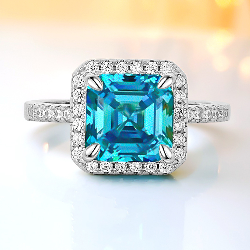 3Ct Exclusive Halo Asscher Cut Light Aquamarine Blue Engagement Ring In Sterling Silver-Sterling Silver-lornajewelry