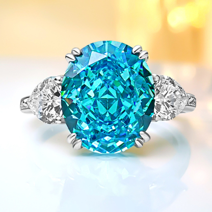 4.5Ct Aquamarine Blue Oval Cut Three-Stone Pave Setting Classic Style Ring-Sterling Silver-lornajewelry