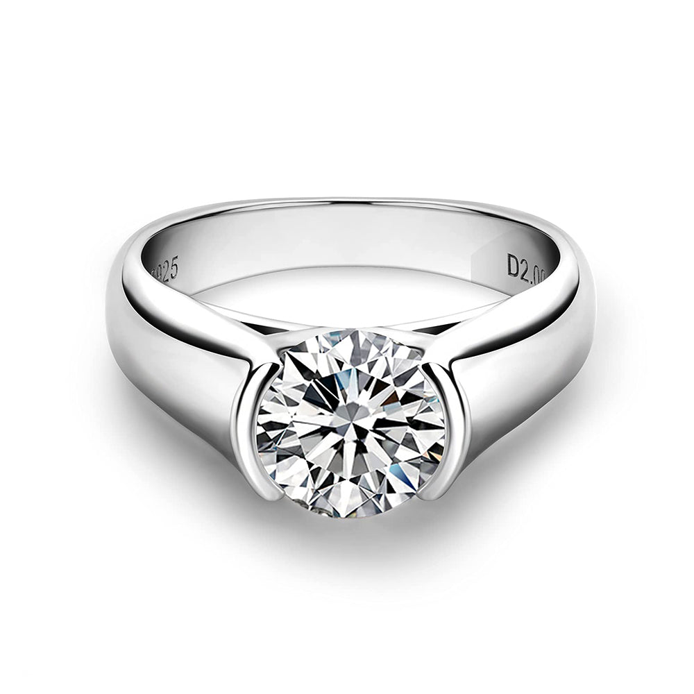 1Ct/2Ct/3Ct Moissanite Solitaire Half Bezel Set Sterling Silver Engagement Ring-Sterling Silver-lornajewelry