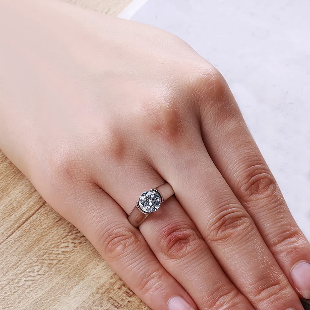 1Ct/2Ct/3Ct Moissanite Solitaire Half Bezel Set Sterling Silver Engagement Ring-Sterling Silver-lornajewelry