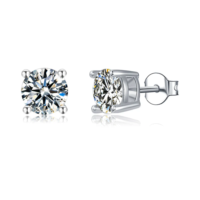 Moissanite Solitaire Round Four Prong Sterling Silver Stud Earrings-Sterling Silver-lornajewelry