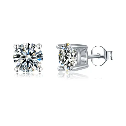 Moissanite Solitaire Round Four Prong Sterling Silver Stud Earrings-Sterling Silver-lornajewelry