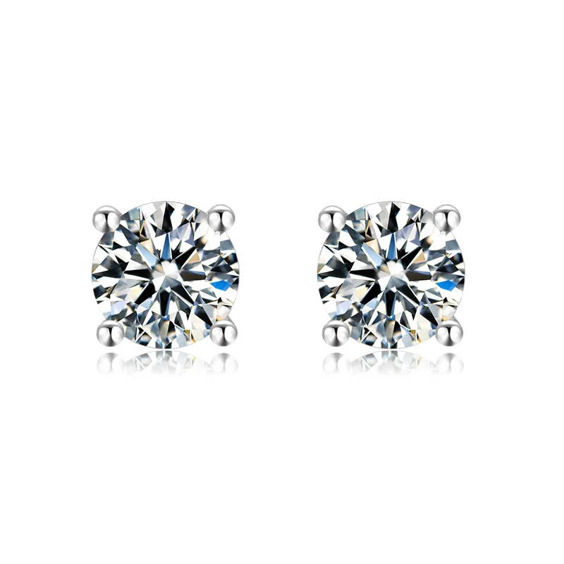 Moissanite Solitaire Round Four Prong Sterling Silver Stud Earrings-Sterling Silver-lornajewelry