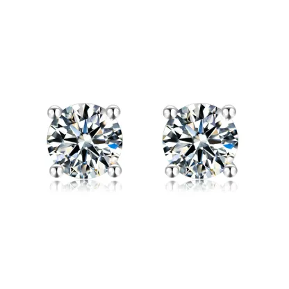Moissanite Solitaire Round Four Prong Sterling Silver Stud Earrings-Sterling Silver-lornajewelry