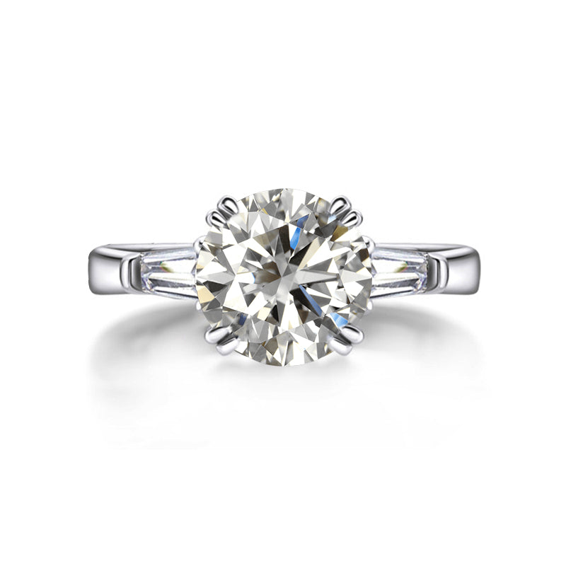 2Ct Moissanite Three Stone Round Tapered Baguette Engagement Ring-Sterling Silver-lornajewelry