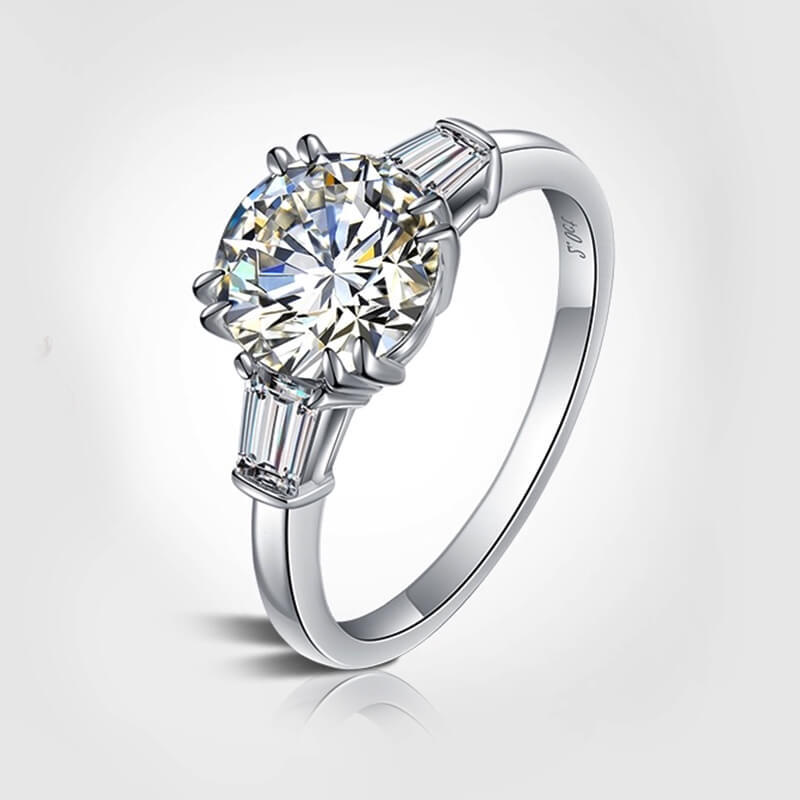 2Ct Moissanite Three Stone Round Tapered Baguette Engagement Ring-Sterling Silver-lornajewelry