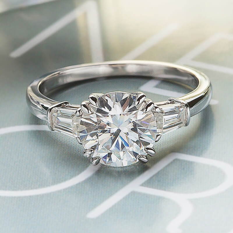 2Ct Moissanite Three Stone Round Tapered Baguette Engagement Ring-Sterling Silver-lornajewelry