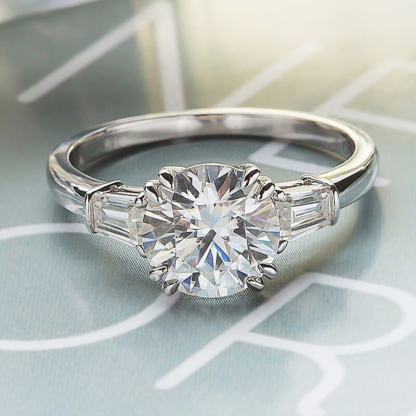 2Ct Moissanite Three Stone Round Tapered Baguette Engagement Ring-Sterling Silver-lornajewelry
