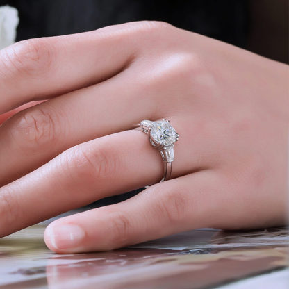 2Ct Moissanite Three Stone Round Tapered Baguette Engagement Ring-Sterling Silver-lornajewelry