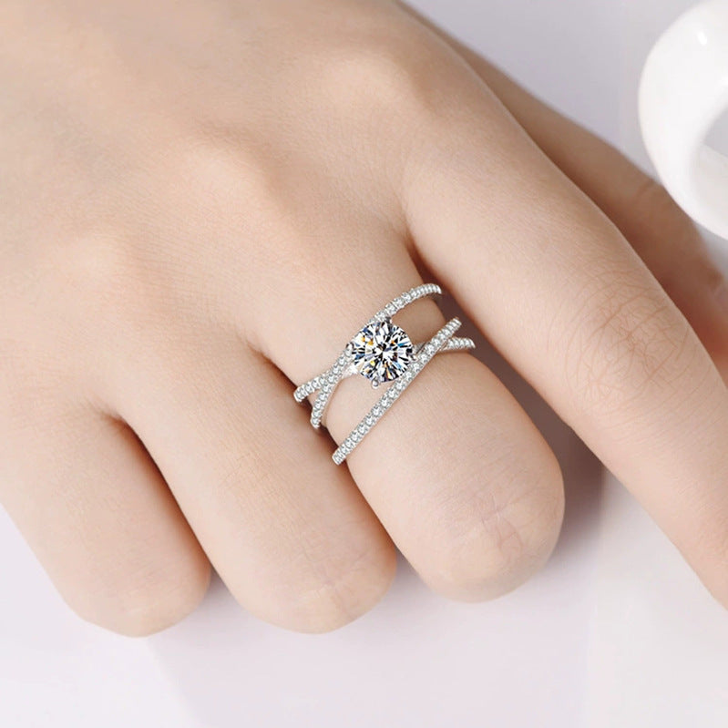 1Ct Moissanite Triple Row Criss-Cross Pave Engagement Ring-Sterling Silver-lornajewelry