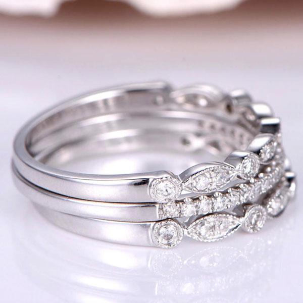 Art Deco Half Eternity 3PC Stacking Wedding Band Set In Sterling Silver-Sterling Silver-lornajewelry