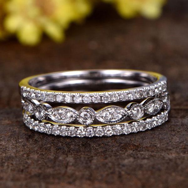 Full Eternity 3PC Stacking Wedding Band Set In White Gold Plated-Sterling Silver-lornajewelry