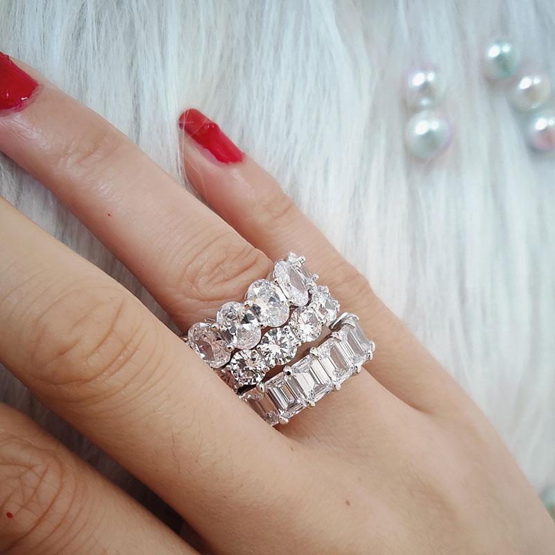 Gorgeous Eternity Emerald & Round & Oval Cut Wedding Band Set In Sterling Silver-Sterling Silver-lornajewelry