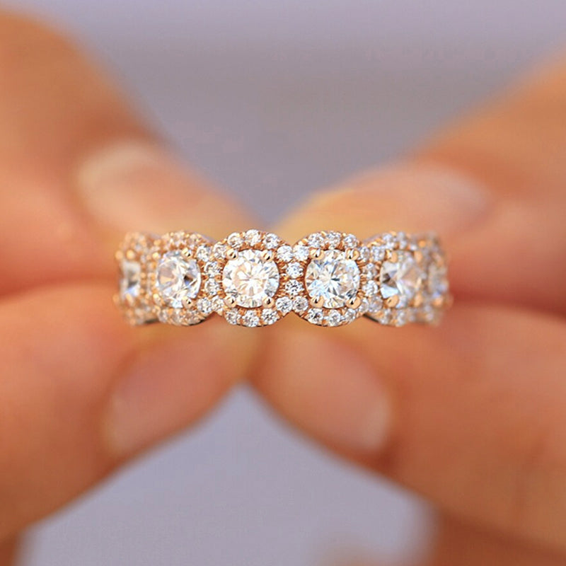 Halo Round Cut Five Stone Anniversary Ring for Her-Sterling Silver-lornajewelry