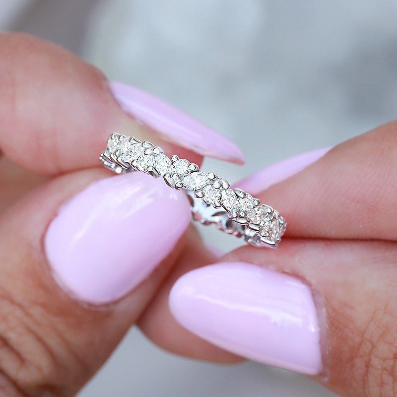 Fashion Design Marquise Cut & Round Cut Wedding Band In Sterling Silver-Sterling Silver-lornajewelry