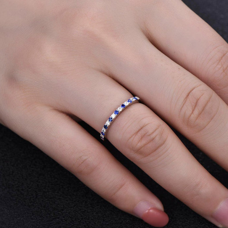 Half Eternity Blue And White Sapphire Wedding Band For Women In Sterling Silver-Sterling Silver-lornajewelry