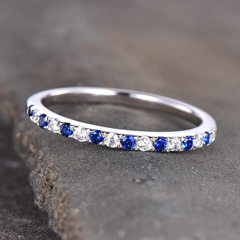 Half Eternity Blue And White Sapphire Wedding Band For Women In Sterling Silver-Sterling Silver-lornajewelry