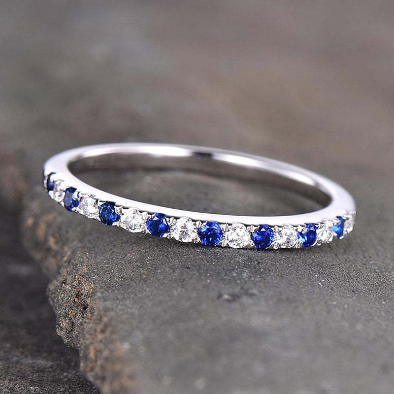 Half Eternity Blue And White Sapphire Wedding Band For Women In Sterling Silver-Sterling Silver-lornajewelry