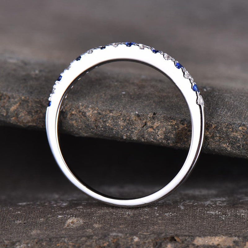 Half Eternity Blue And White Sapphire Wedding Band For Women In Sterling Silver-Sterling Silver-lornajewelry