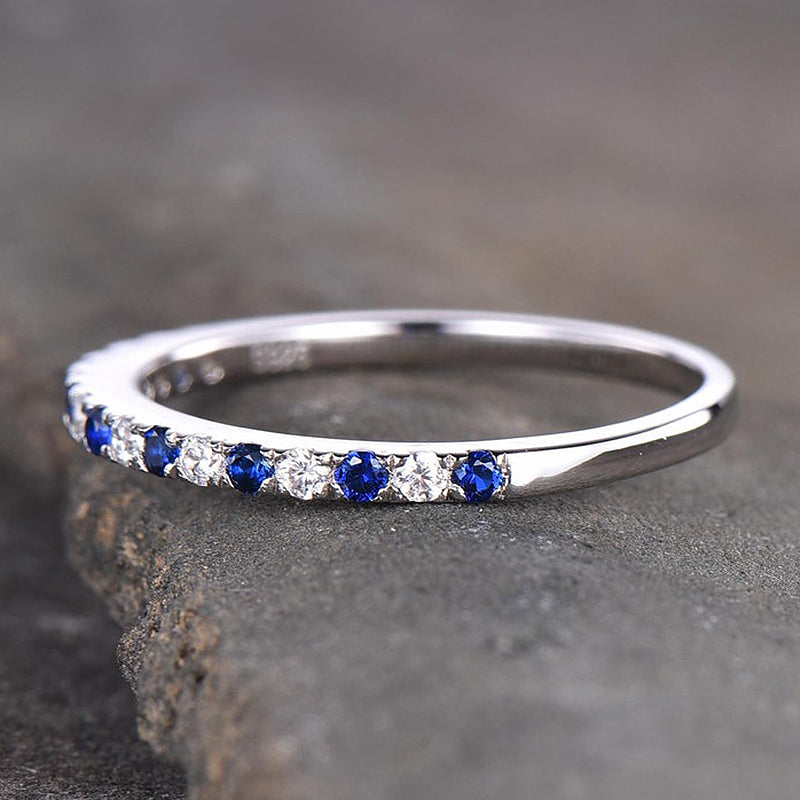 Half Eternity Blue And White Sapphire Wedding Band For Women In Sterling Silver-Sterling Silver-lornajewelry
