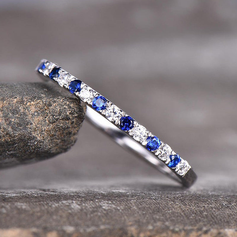 Half Eternity Blue And White Sapphire Wedding Band For Women In Sterling Silver-Sterling Silver-lornajewelry