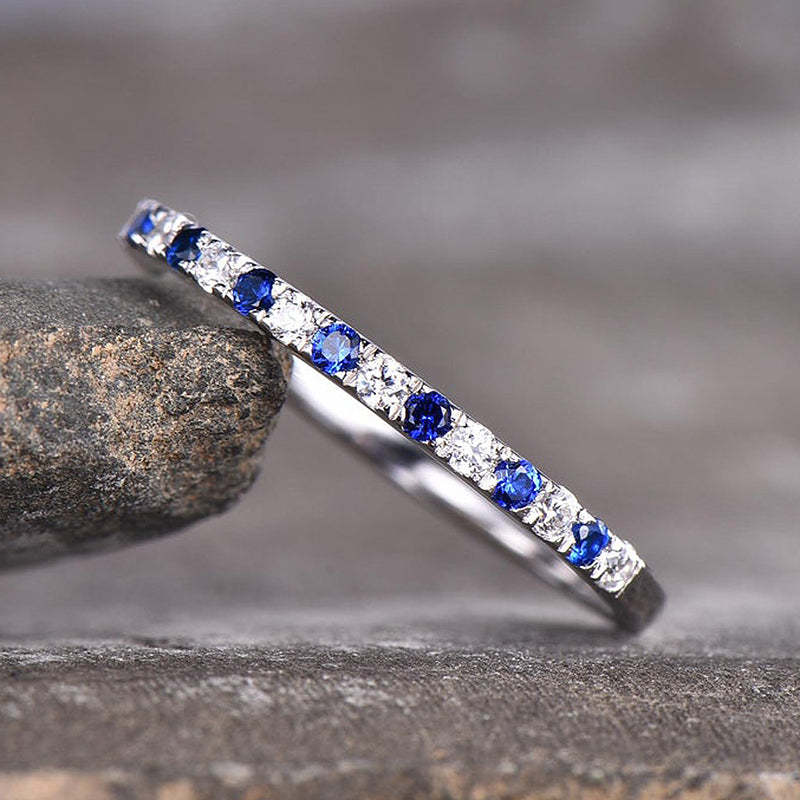 Half Eternity Blue And White Sapphire Wedding Band For Women In Sterling Silver-Sterling Silver-lornajewelry