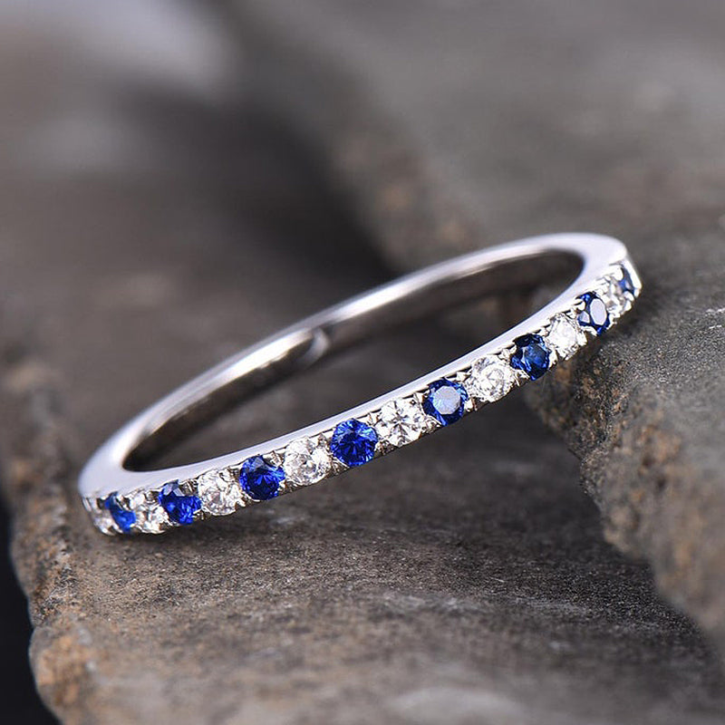 Half Eternity Blue And White Sapphire Wedding Band For Women In Sterling Silver-Sterling Silver-lornajewelry