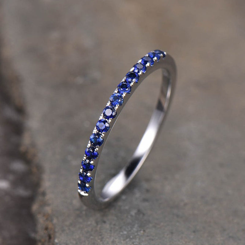 Exquisite Half Eternity Blue Sapphire Women's Wedding Band In Sterling Silver-Sterling Silver-lornajewelry