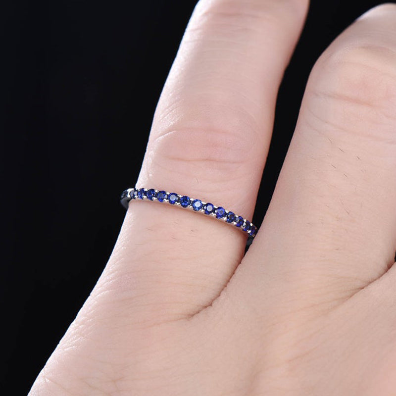 Exquisite Half Eternity Blue Sapphire Women's Wedding Band In Sterling Silver-Sterling Silver-lornajewelry