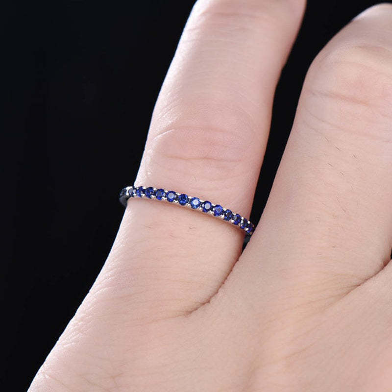 Exquisite Half Eternity Blue Sapphire Women's Wedding Band In Sterling Silver-Sterling Silver-lornajewelry