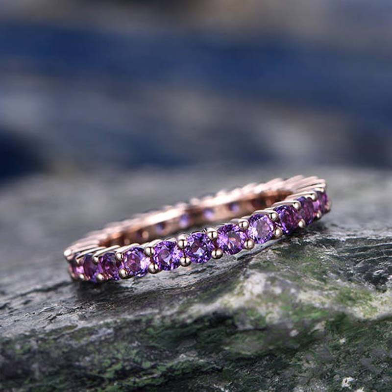 Rose Gold Round Cut Amethyst Purple Wedding Band In Sterling Silver-Sterling Silver-lornajewelry