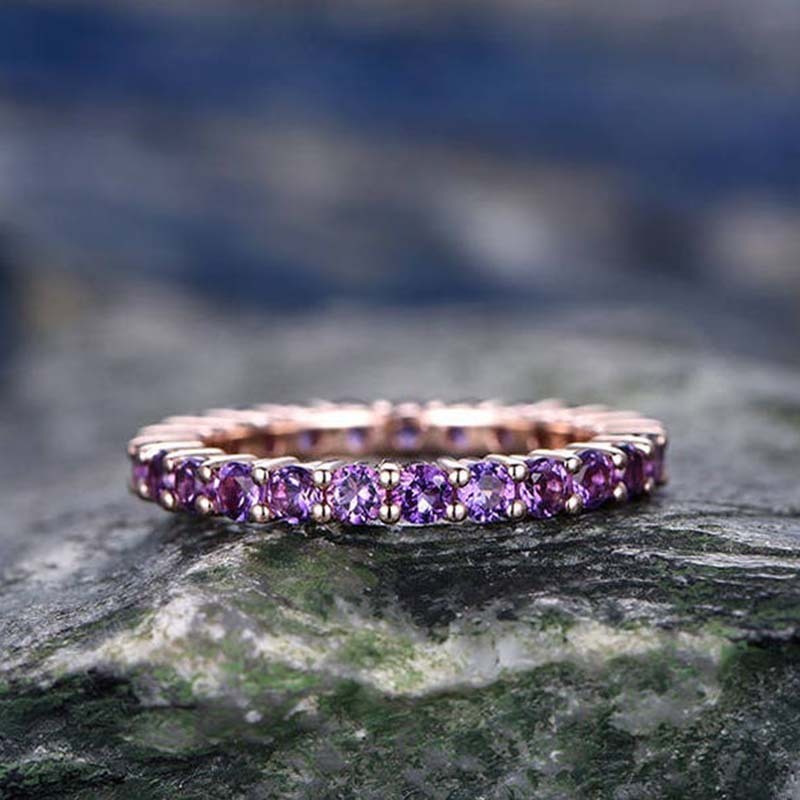 Rose Gold Round Cut Amethyst Purple Wedding Band In Sterling Silver-Sterling Silver-lornajewelry