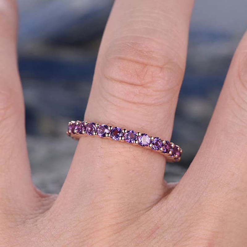 Rose Gold Round Cut Amethyst Purple Wedding Band In Sterling Silver-Sterling Silver-lornajewelry