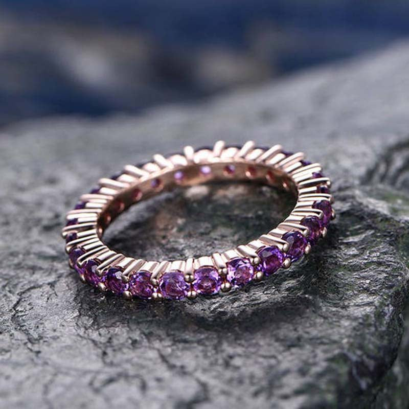 Rose Gold Round Cut Amethyst Purple Wedding Band In Sterling Silver-Sterling Silver-lornajewelry