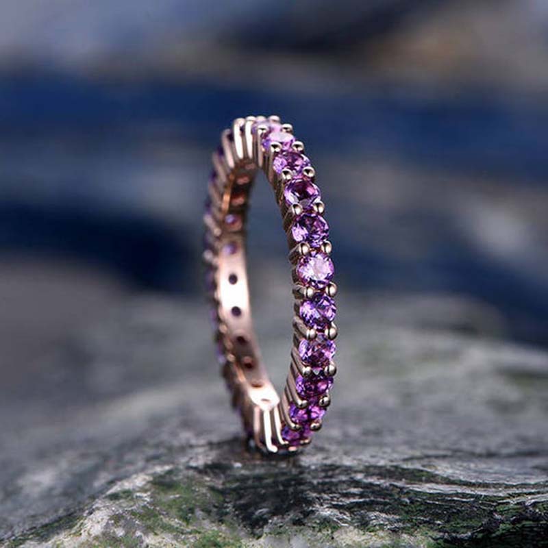 Rose Gold Round Cut Amethyst Purple Wedding Band In Sterling Silver-Sterling Silver-lornajewelry