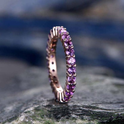 Rose Gold Round Cut Amethyst Purple Wedding Band In Sterling Silver-Sterling Silver-lornajewelry