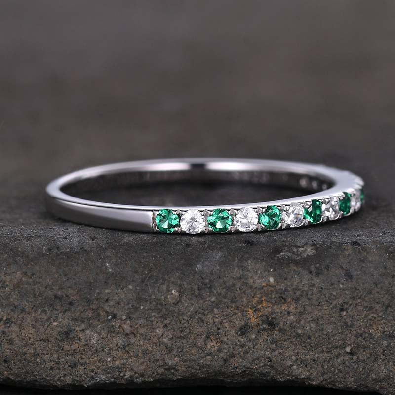 Stunning Half Eternity Emerald Green And White Stone Wedding Band-Sterling Silver-lornajewelry
