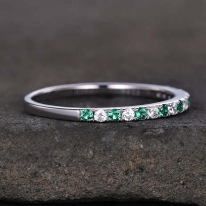 Stunning Half Eternity Emerald Green And White Stone Wedding Band-Sterling Silver-lornajewelry