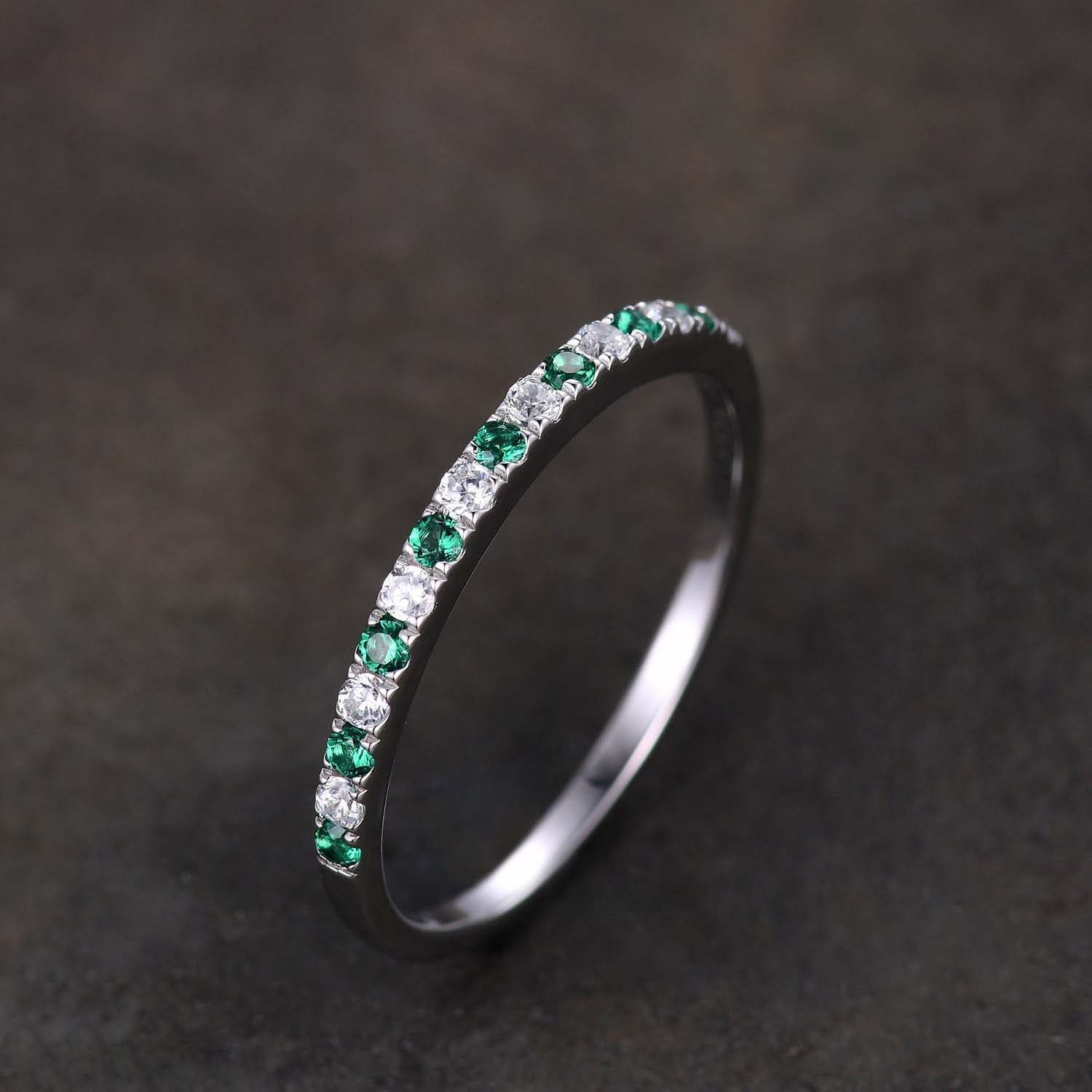 Stunning Half Eternity Emerald Green And White Stone Wedding Band-Sterling Silver-lornajewelry