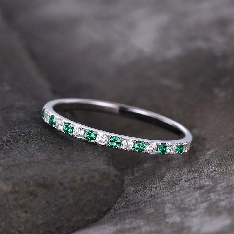 Stunning Half Eternity Emerald Green And White Stone Wedding Band-Sterling Silver-lornajewelry