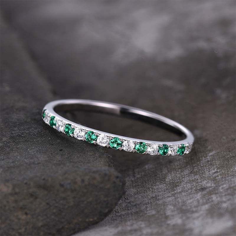 Stunning Half Eternity Emerald Green And White Stone Wedding Band-Sterling Silver-lornajewelry