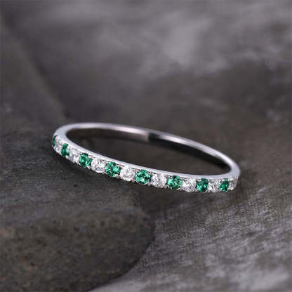 Stunning Half Eternity Emerald Green And White Stone Wedding Band-Sterling Silver-lornajewelry
