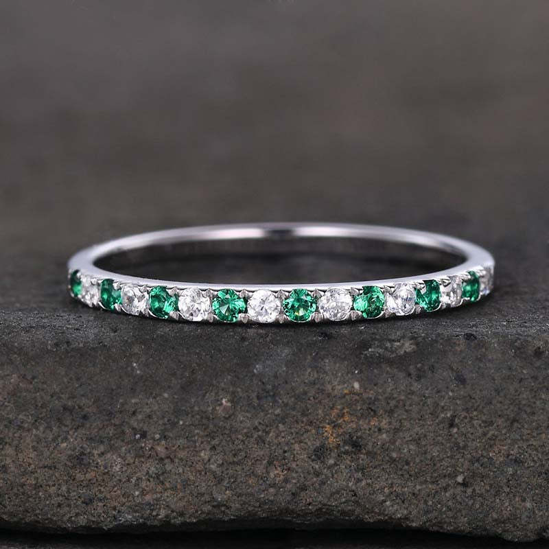 Stunning Half Eternity Emerald Green And White Stone Wedding Band-Sterling Silver-lornajewelry