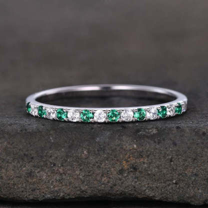 Stunning Half Eternity Emerald Green And White Stone Wedding Band-Sterling Silver-lornajewelry