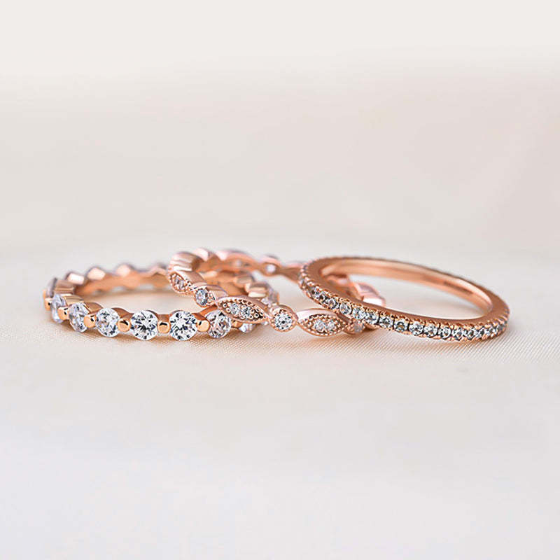 Art Deco 3-Pieces Stackable Wedding Band Set In Sterling Silver-Sterling Silver-lornajewelry