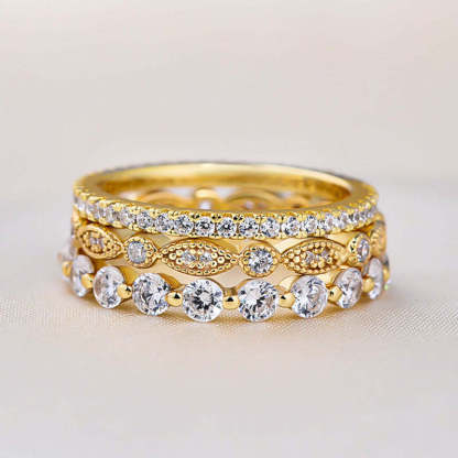 Art Deco 3-Pieces Stackable Wedding Band Set In Sterling Silver-Sterling Silver-lornajewelry